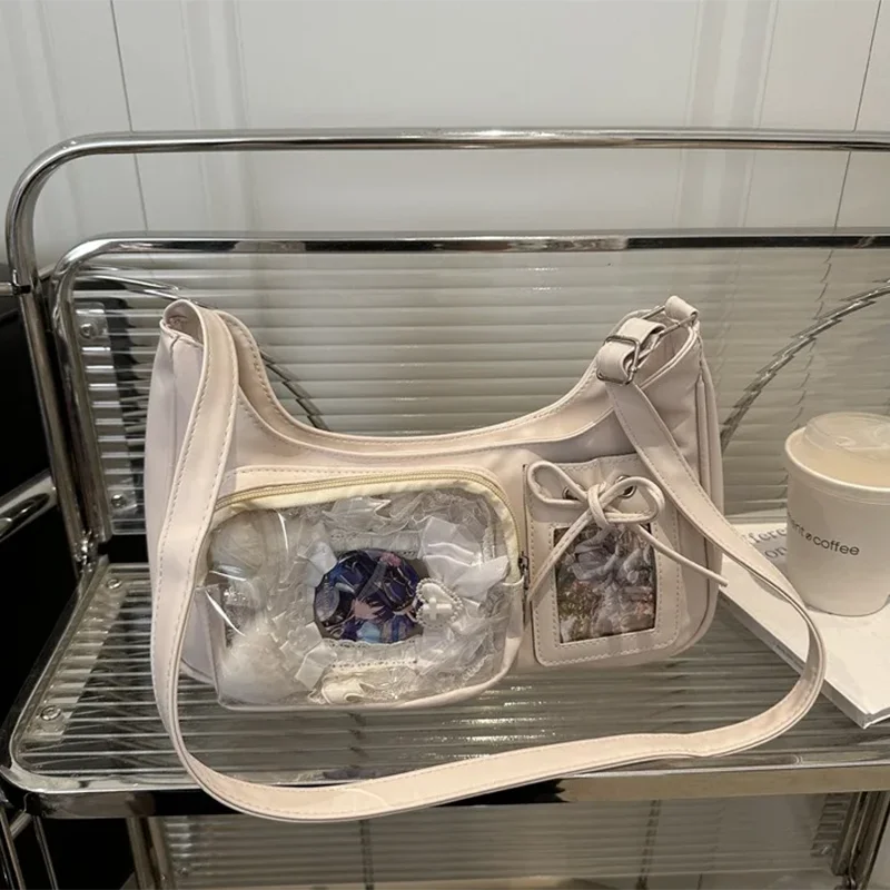 Transparent Y2k Harajuku shoulder bag with crossbody strap, stylish Korean design, and spacious interior for women.