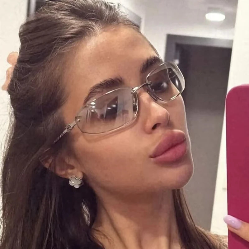 Oval frameless Y2K luxury punk sunglasses with retro styling for women by HSF Marketplace