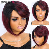 99J red glueless short straight bob wig, 4C 100% Brazilian Remy human hair with bangs for women