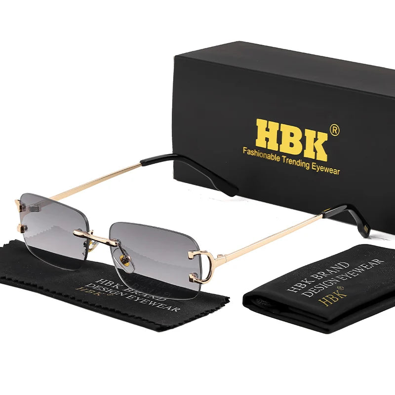HBK Retro rimless sunglasses for women and men with gold square frames, UV400 protection, stylish rectangle design, HSF Marketplace.