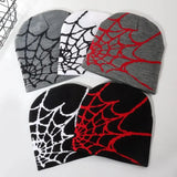 Autumn unisex spiderweb beanie hat, knitted skull cap with Y2K punk pattern for women and men