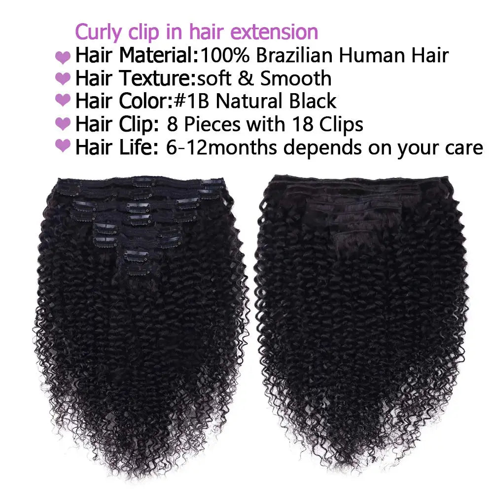 Curly clip-in human hair extensions, kinky curly Brazilian Remy hair, natural color, 8-piece full head set