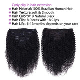 Curly clip-in human hair extensions, kinky curly Brazilian Remy hair, natural color, 8-piece full head set