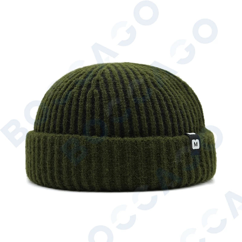 Women's thick striped knitting docker cap warm winter beanie with letter label, vintage retro style by HSF Marketplace