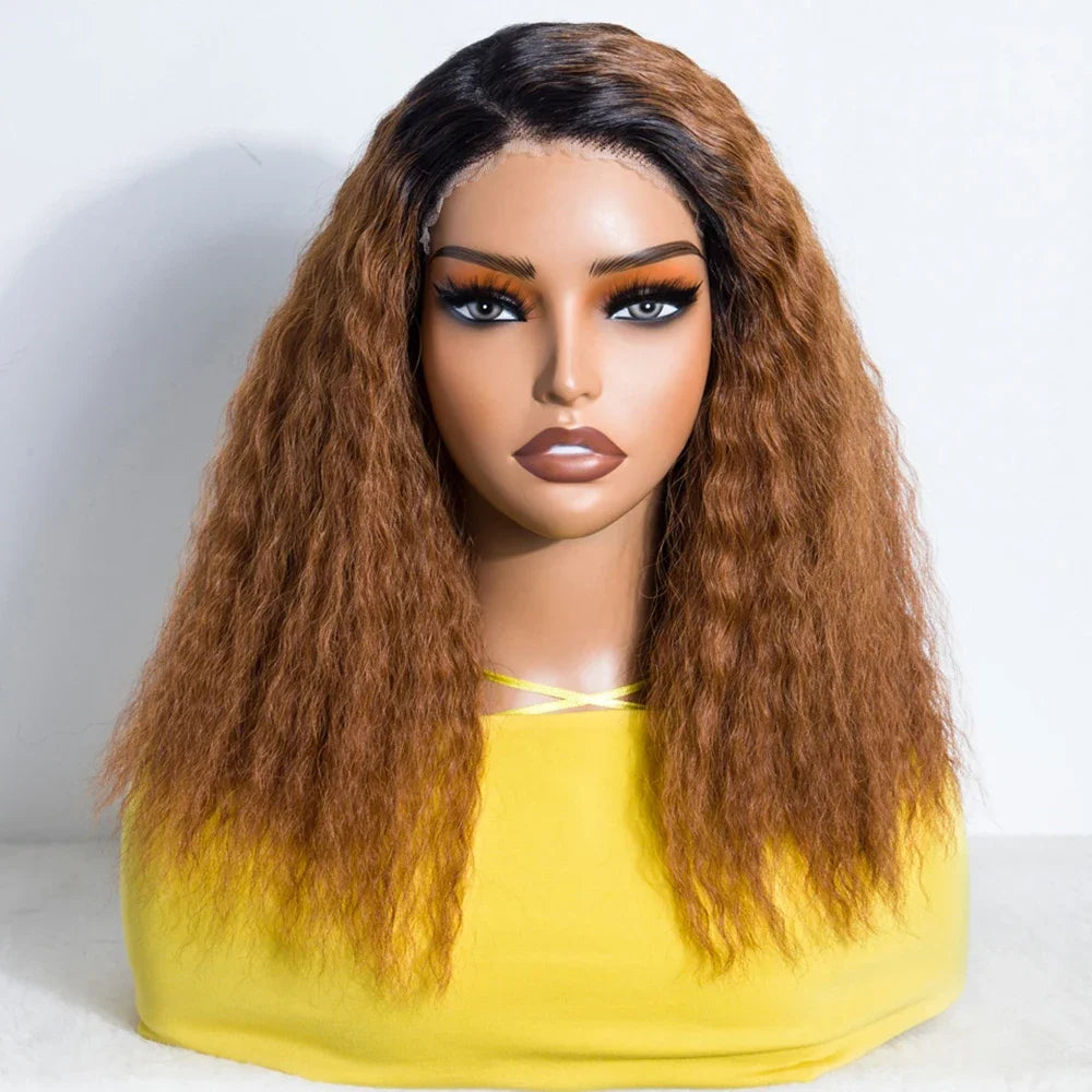 Natural black 14-inch kinky straight bob side part human hair wig with natural hairline, reddish brown color, glueless lace cap.