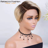 Straight Rebecca short bob pixie wig with transparent lace front, preplucked Brazilian human hair, worn by a woman.