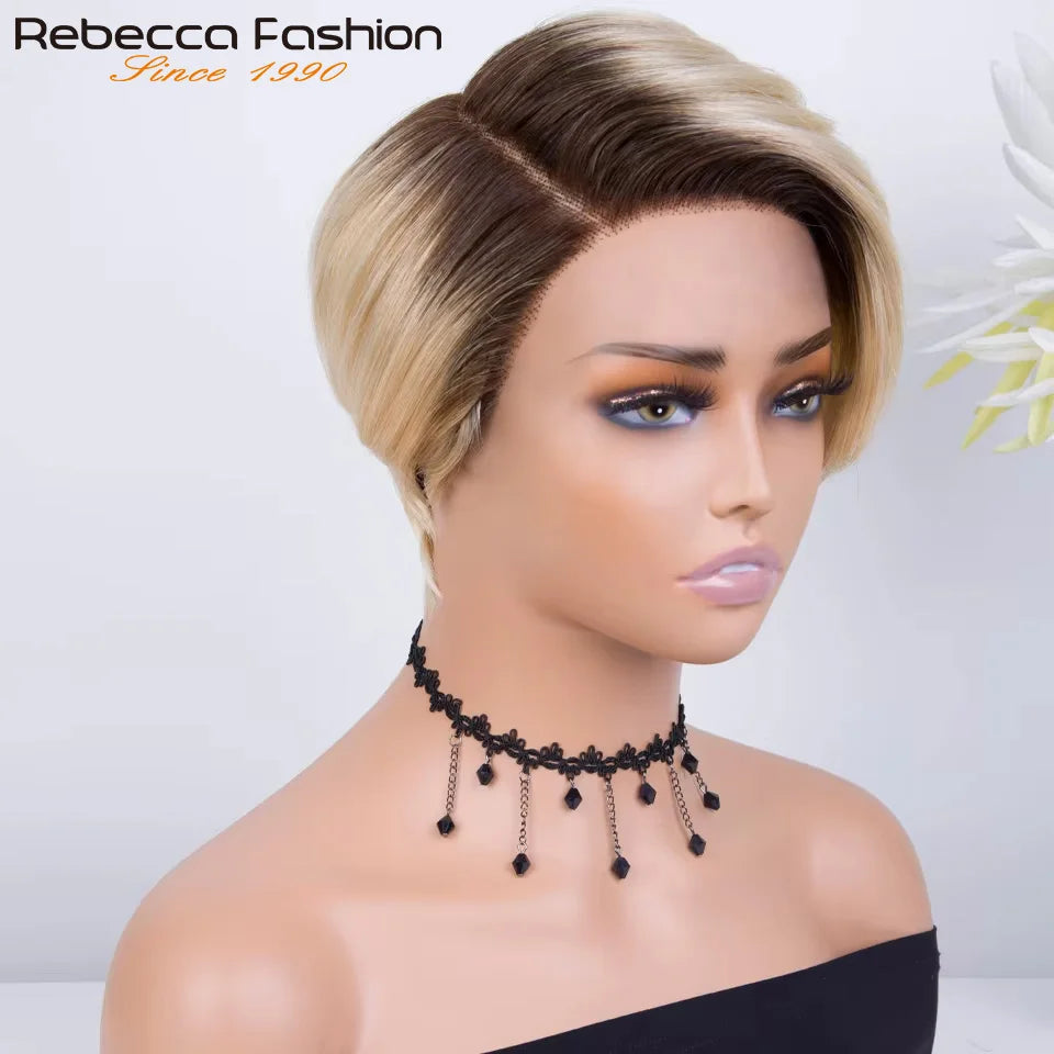 Straight Rebecca short bob pixie wig with transparent lace front, preplucked Brazilian human hair, worn by a woman.