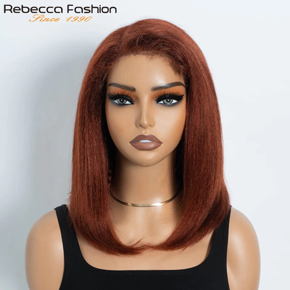 Reddish brown 14-inch kinky straight bob lace wig with side part, natural hairline, human hair, black color, glueless style.