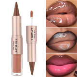 Black and brown tapered lip liner with double head mirror, plumping lip glaze, and red lip gloss for sexy, tinted makeup look.