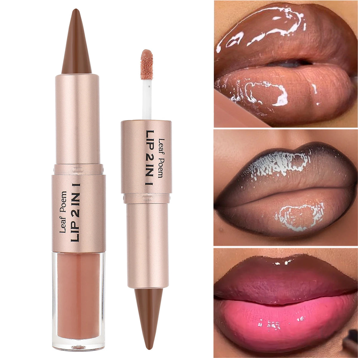 Black and brown tapered lip liner with double head mirror, plumping lip glaze, and red lip gloss for sexy, tinted makeup look.