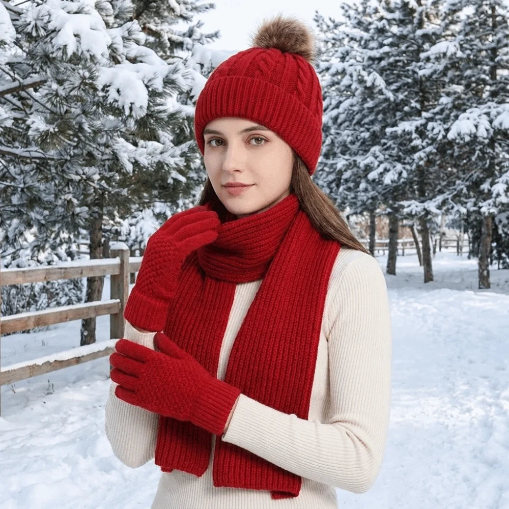 Women's warm touch screen scarf hat gloves set, soft winter accessories in coordinating colors