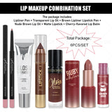 HSF Marketplace 6pcs lip makeup set with matte lip liner, transparent lip oil, lipstick pen, gloss, red nude lipstick, and cherry lip balm