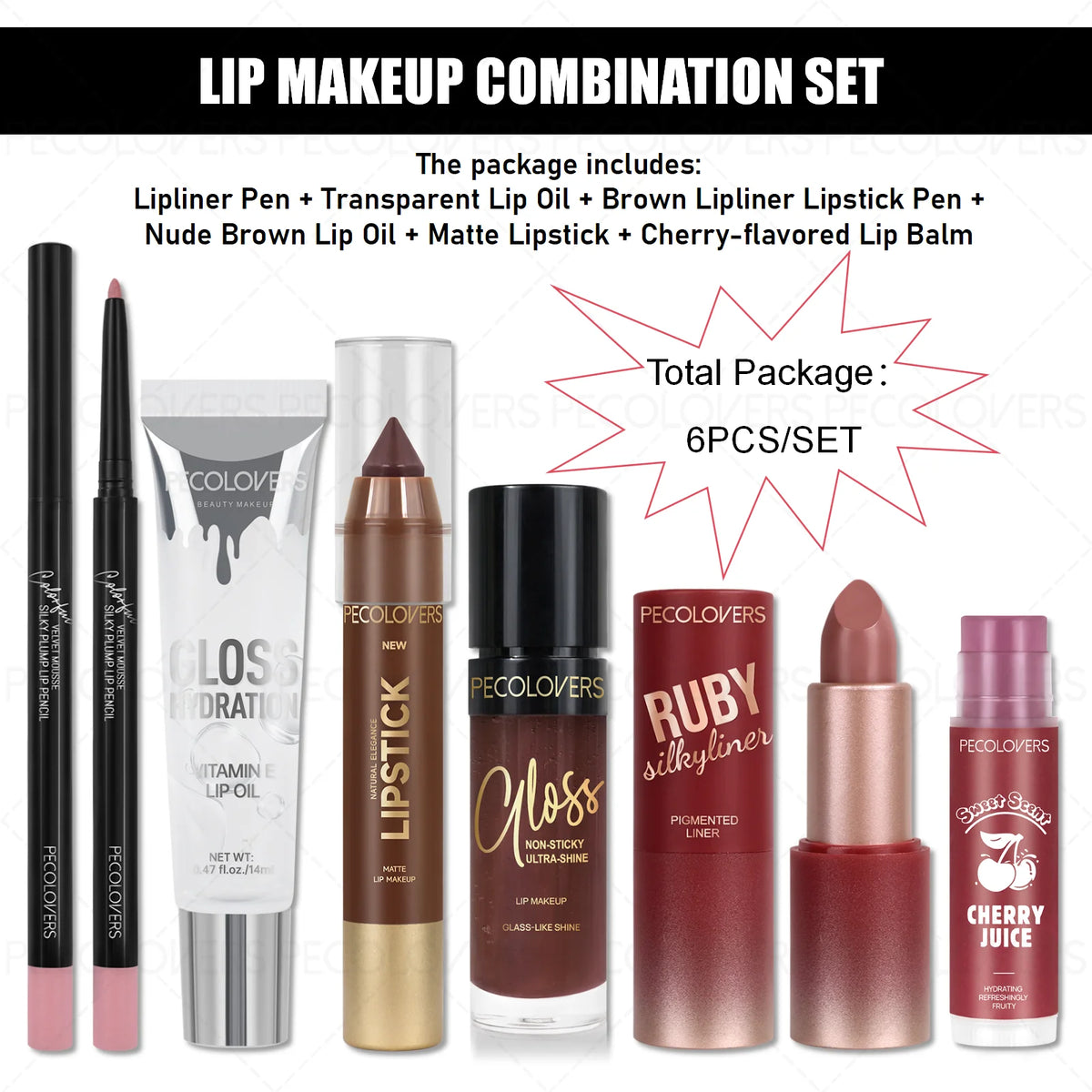 HSF Marketplace 6pcs lip makeup set with matte lip liner, transparent lip oil, lipstick pen, gloss, red nude lipstick, and cherry lip balm