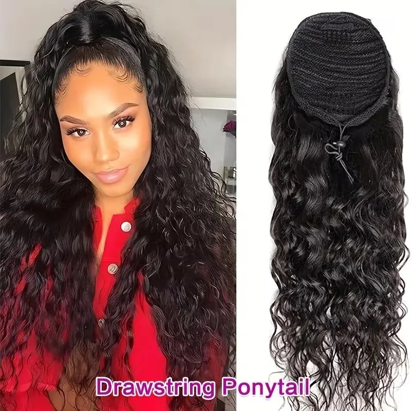 Women’s Clip-In Human Hair Ponytail Extensions 10A Grade Water & Corn Wave, 100% Unprocessed Brazilian Hair, Drawstring Closure