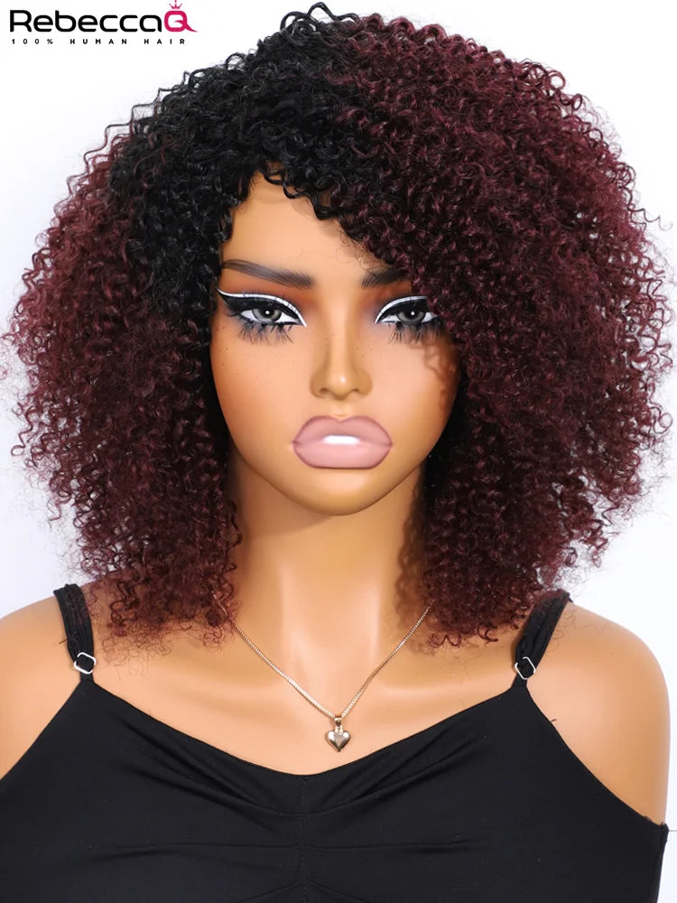 Highlight short kinky curly bob wig for women, Brazilian Remy human hair with bangs, 200% density, easy wear, by HSF Marketplace.