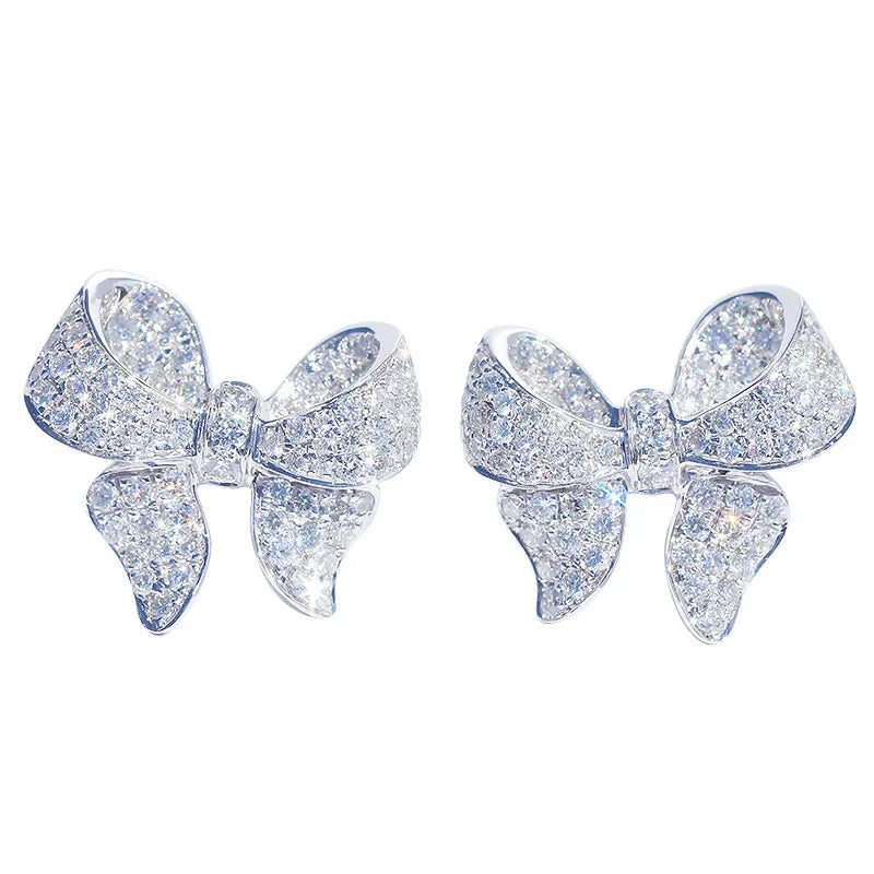 HSF Marketplace romantic bowknot women’s stud earrings with full-paved shiny crystal zircon detailing