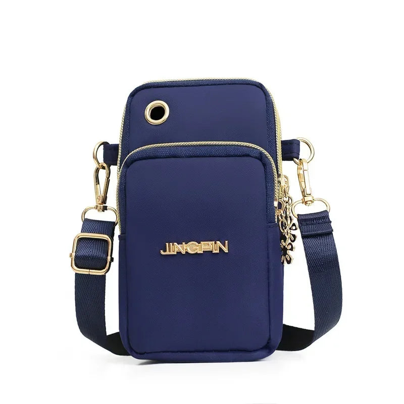 Women's crossbody mobile phone bag by HSF Marketplace featuring a mini, three-layer wallet design with shoulder strap and coin compartment.
