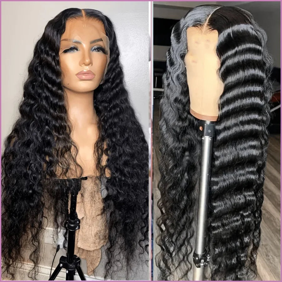 Deep wave lace front wig with curly human hair, 13x6 HD lace, pre-plucked, 26-inch Brazilian curly wig for black women.