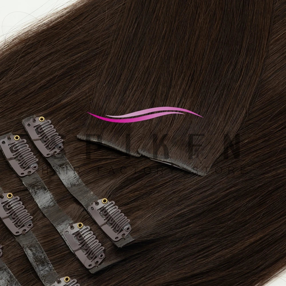 Chocolate brown straight clip-in human hair extensions, 7-piece invisible PU clip set by HSF Marketplace