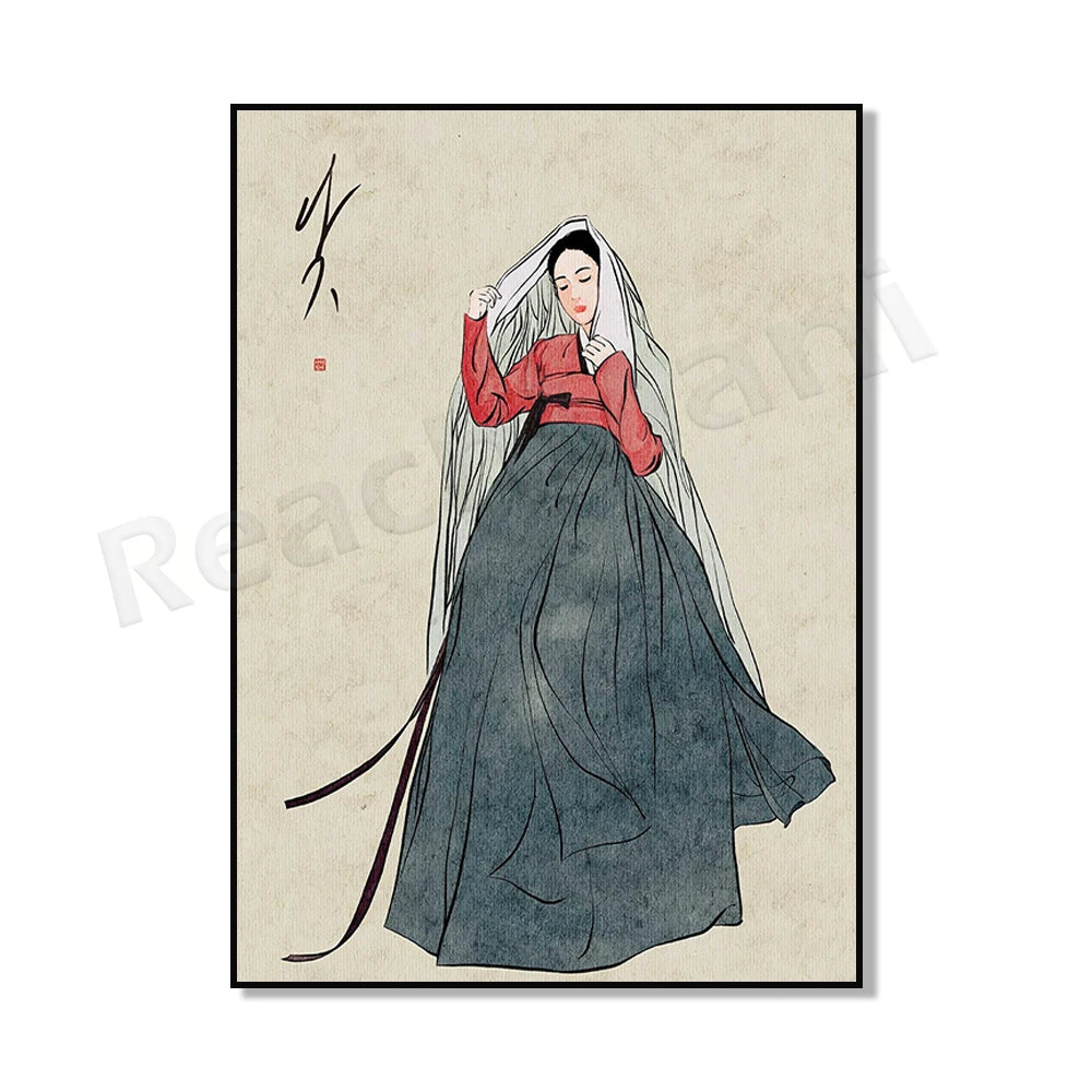 Korean hanbok canvas poster featuring traditional Asian clothing for home decor, HSF Marketplace K-Culture merch