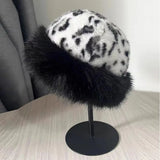 Women's leopard print faux fur fisherman hat, thick winter windproof Russian-style hat for warmth