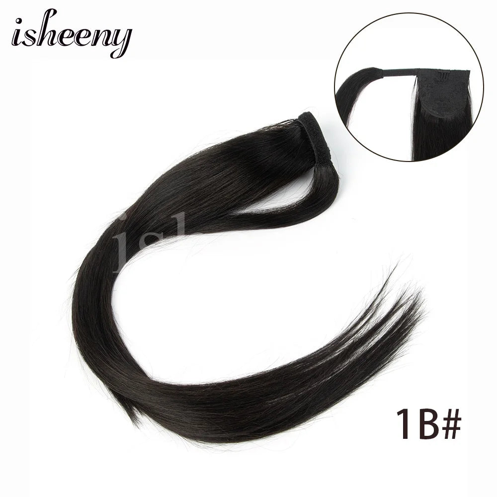 Isheeny straight Brazilian Remy human hair ponytail extension, natural texture, wrap clip-in style, 14–24 inches