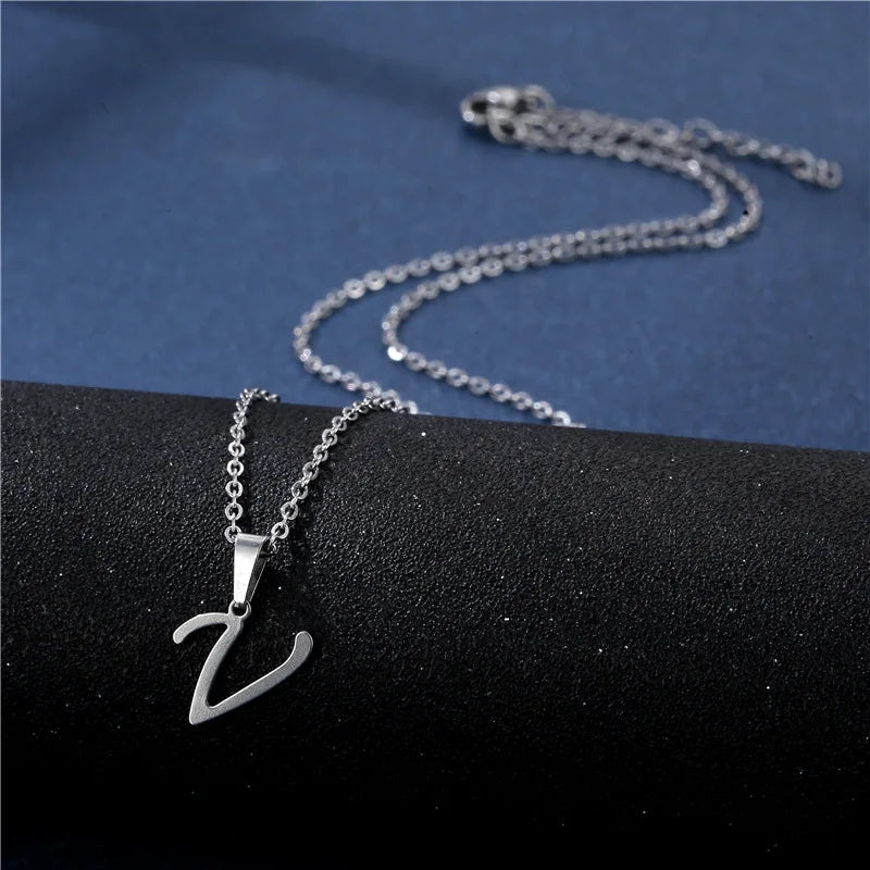 Shiny stainless steel initial letter pendant necklace for women, featuring a simple clavicle chain choker jewelry design.