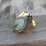 Huitan Vintage Women Rings with Pear Shaped Green Stone Sticker Geometric Temperament Lady Accessories Party Boho Style Jewelry