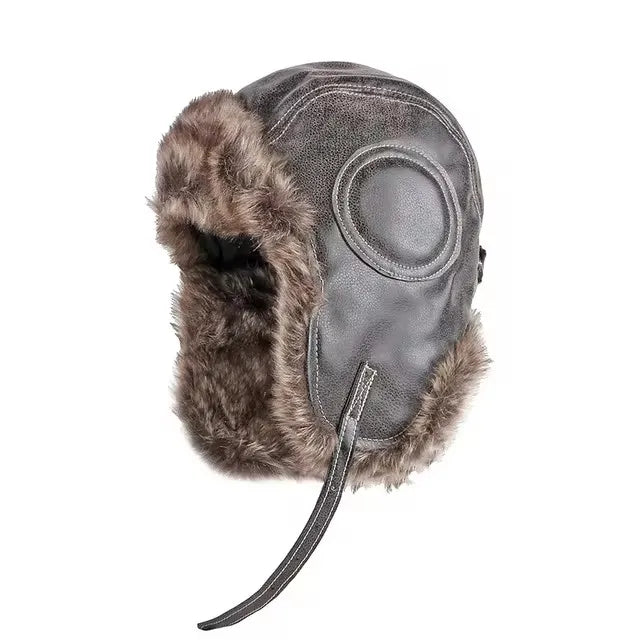 Black and grey fur-lined Russian ushanka bomber hat with earflaps for women and men
