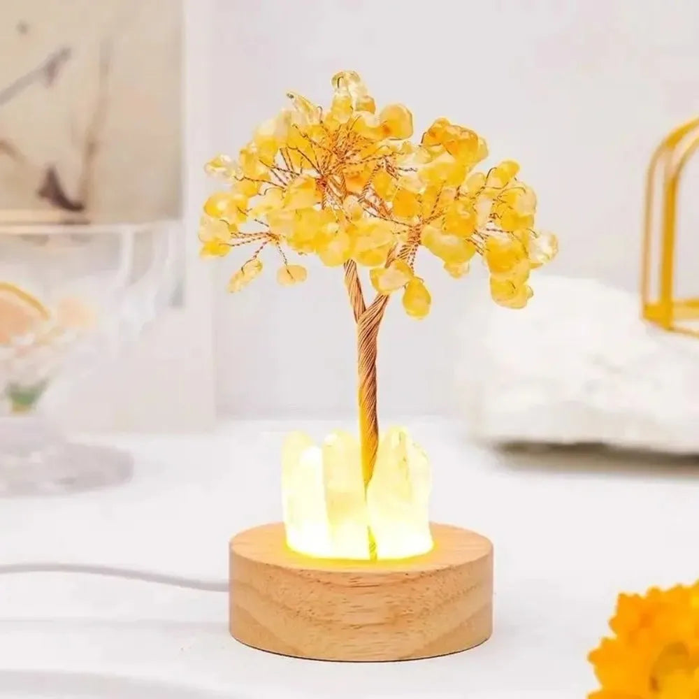 Glowing Crystal Money Tree with LED Base for Wealth Luck, Natural Stone Feng Shui Desktop Ornament, Gift for Birthday