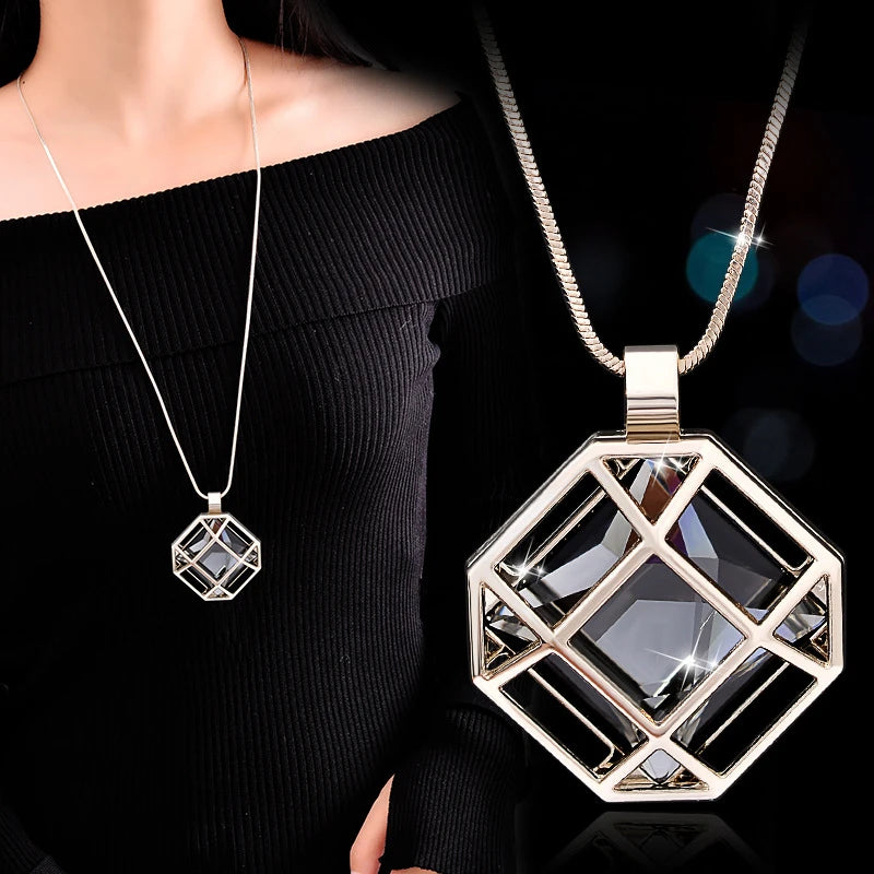 Long geometric pendant necklace for women featuring a stylish chain, fashion jewelry accessory by HSF Marketplace.