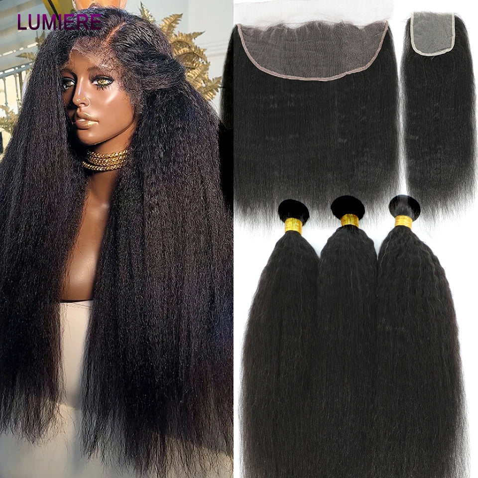 Kinky Yaki Straight Human Hair Bundles With Closure Frontal HD Transparent Brazilian Deep Curly Hair Bundles Deal Hair Extension