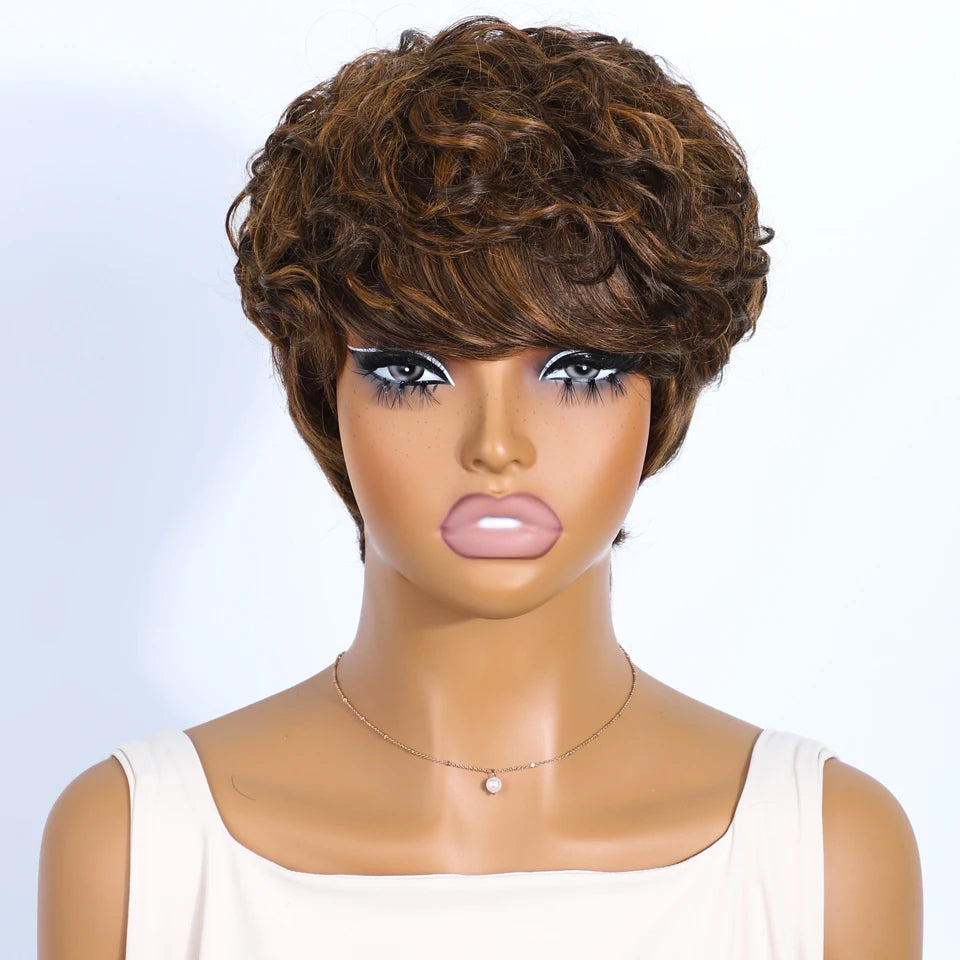 Rebecca short pixie cut curly wig in mixed brown, 100% human hair wig by HSF Marketplace