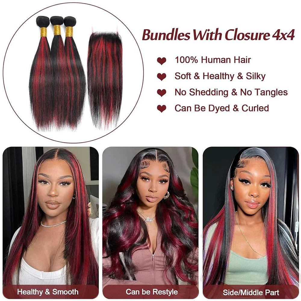 1B/99J Highlight Human Hair Bundles with Closure 12A Straight 99j Colored Human Hair Bundles With Closure Burmese Hair Bundles