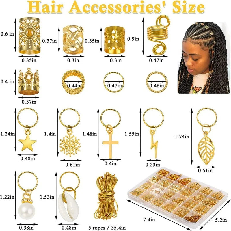 259pcs DIY Braid Jewelry Accessories Silvery Gold Metal Hair Braiding Rings Hip-Hop Punk Style Hollow-Out Dreadlock Beads for Wo