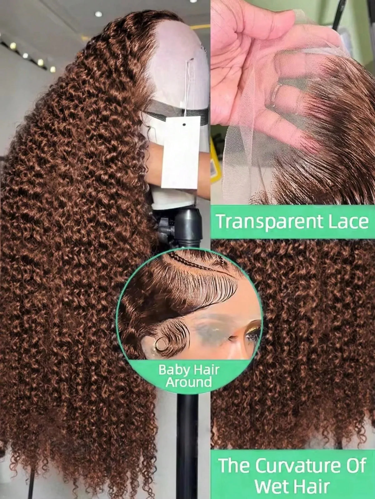 Chocolate Brown 250% Density Curly Lace Front Wig 13x6 HD Transparent Lace Front Human Hair Wig for Women with Baby Hair