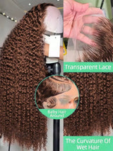 Chocolate Brown 250% Density Curly Lace Front Wig 13x6 HD Transparent Lace Front Human Hair Wig for Women with Baby Hair