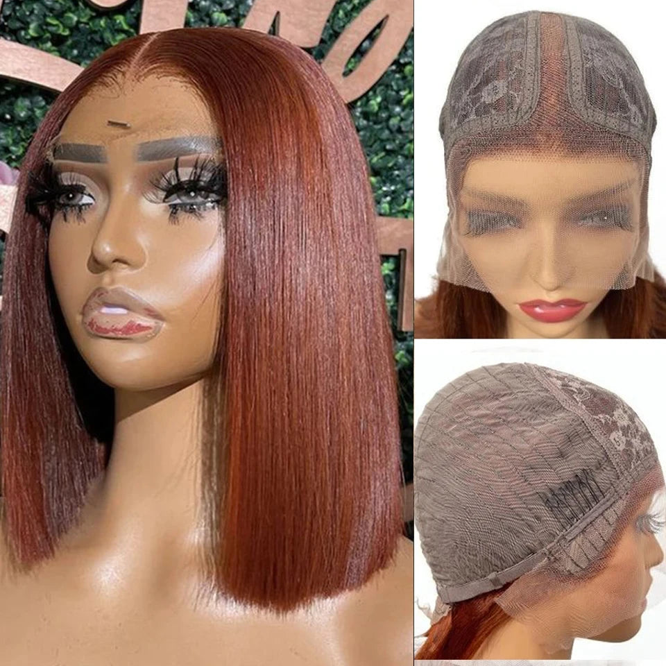 Rebecca short brown bob wig by HSF Marketplace, Peruvian straight human hair with lace front, reddish brown color, T lace part.