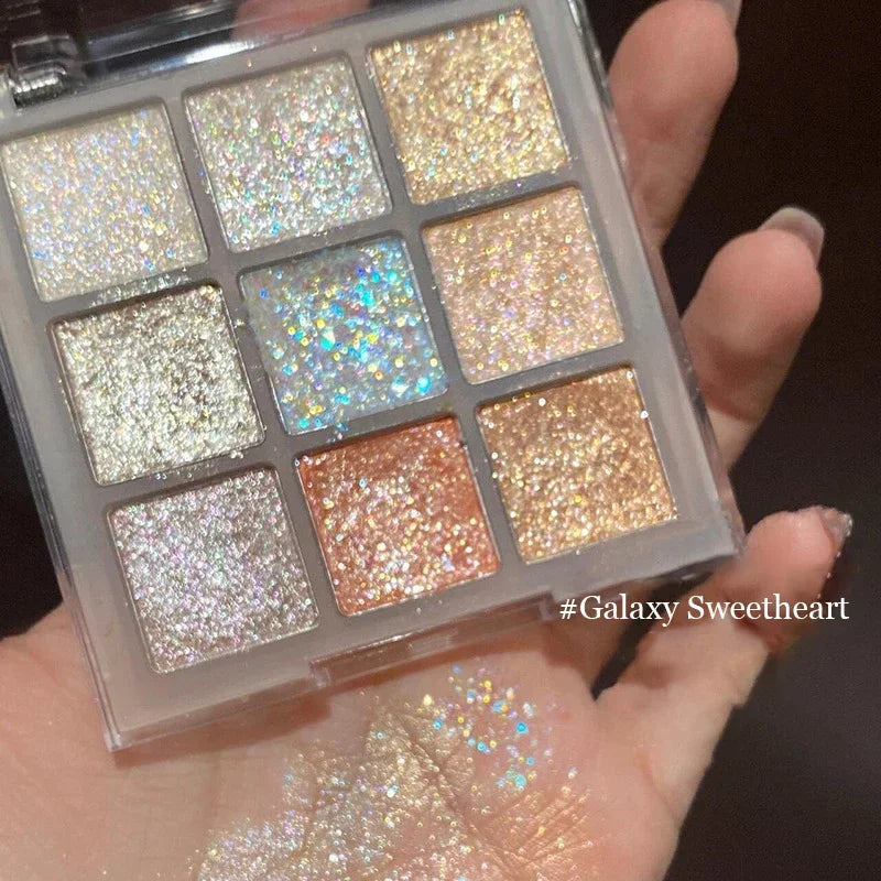 HSF Marketplace 9-color glitter eyeshadow palette with earth tones, pearlescent shimmer, and blue-purple shades