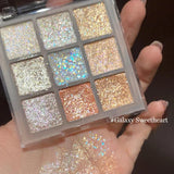 HSF Marketplace 9-color glitter eyeshadow palette with earth tones, pearlescent shimmer, and blue-purple shades