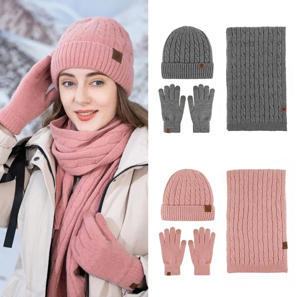 3-in-1 winter beanie hat, scarf and gloves set in warm knit fabric for cold-weather comfort