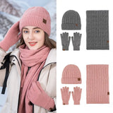 3-in-1 winter beanie hat, scarf and gloves set in warm knit fabric for cold-weather comfort