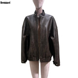 Women's distressed brown PU leather coat by HSF Marketplace with a stylish tailored fit