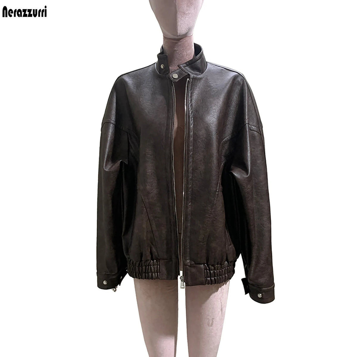 Women's distressed brown PU leather coat by HSF Marketplace with a stylish tailored fit