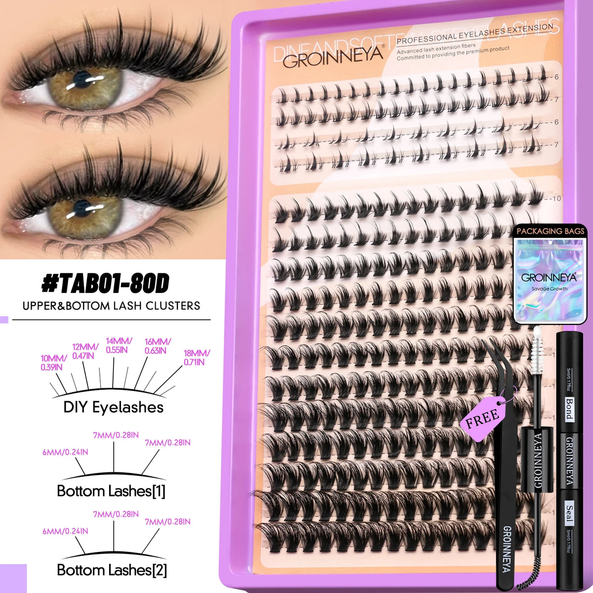 GROINNEYA fluffy 3D mink faux lash clusters kit with bond and seal for makeup extensions