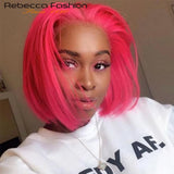 Hot pink lace front bob wig with straight hair, 13x5 inch parting, 180 density, human hair, ideal for women and parties.