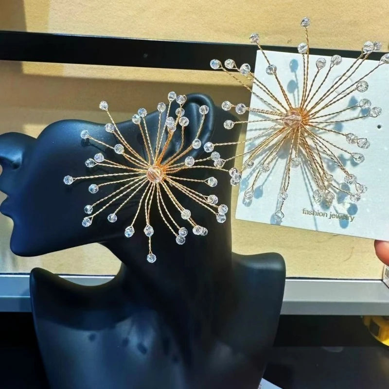 Sparkling snowflake crystal beaded flower stud earrings by HSF Marketplace for bridal wedding jewelry
