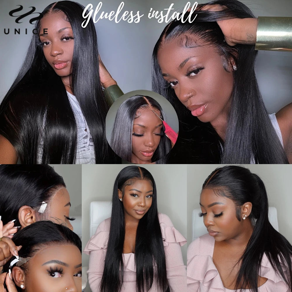 Straight human hair lace frontal wig with drawstring and adjustable density visibly displayed