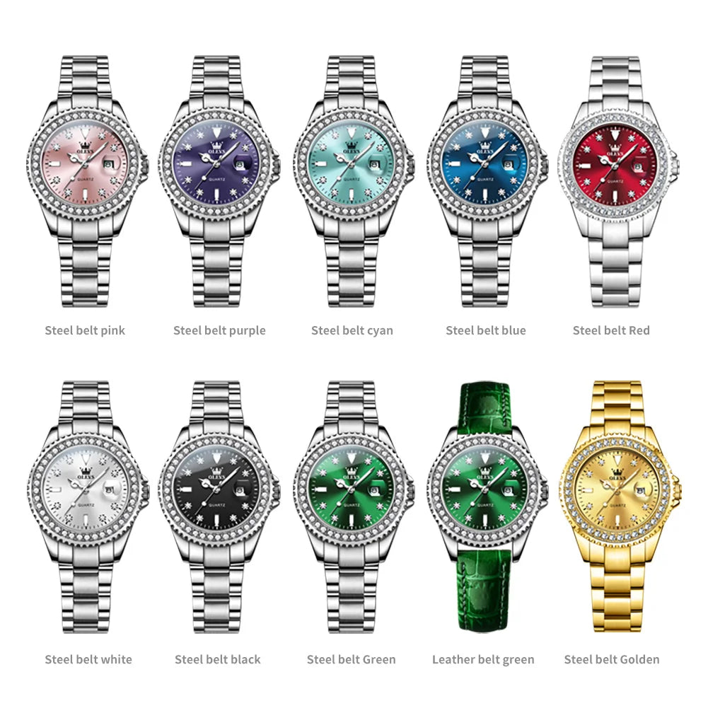 OLEVS 9945 Luxury Women Original Quartz Movement Watch Diamond Scale Stainless Steel Bracelet Luminous Function 30M Waterproof Watch