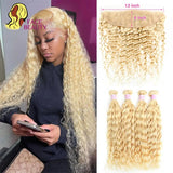 Face Beauty 613 Blonde Frontal Clodure with Bundles Remy 3/4 Peruvian Human Hair Deep Wave Curly Bundles with 13x4 Lace Frontal